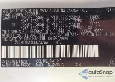 2012 Lexus Rx 350 z USA, uszkodzony, nr VIN 2T2ZK1BAXCC073766